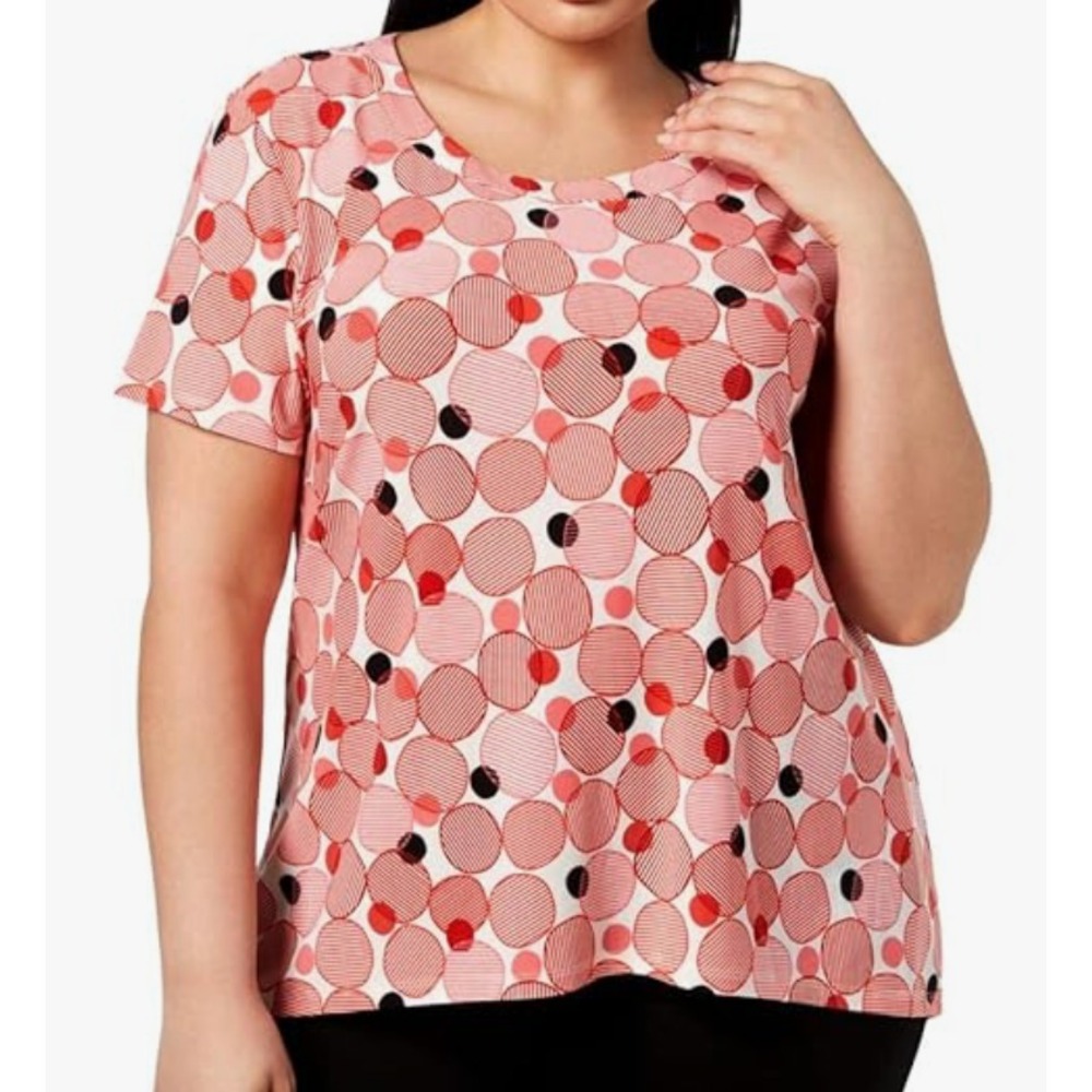 ANNE KLEIN Silky Knit Top RED/PINK/BLACK Circles Polka-Dots HIGH-LOW HEM sz XL